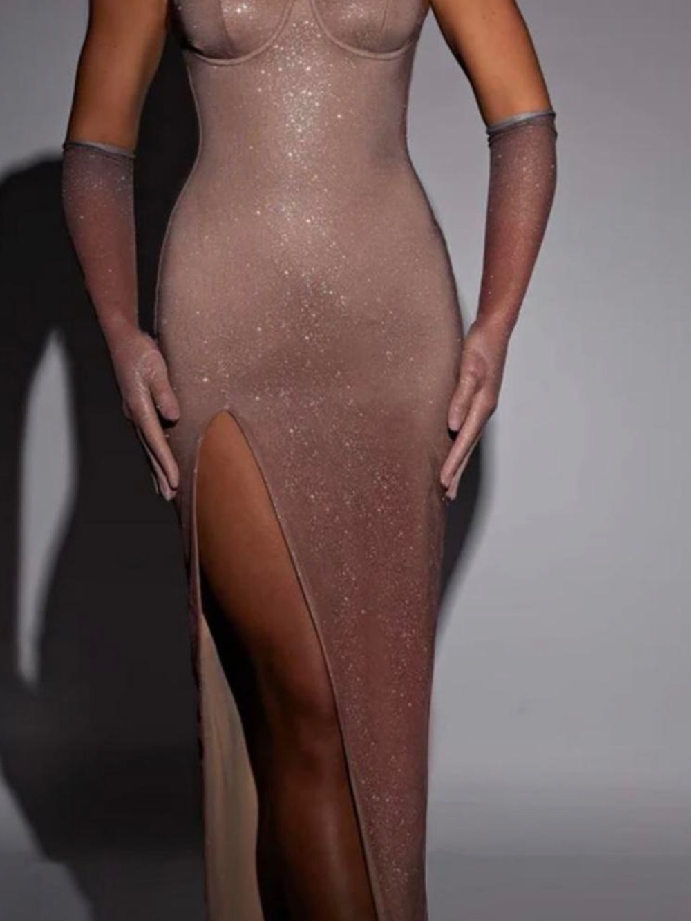 Glam Sheer High-Slit Maxi Dress in Nude